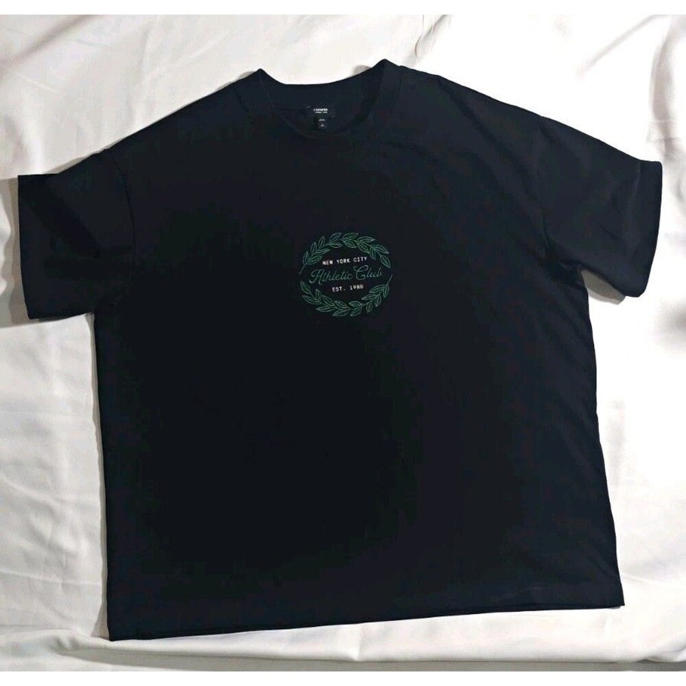Express Womens Black Graphic Print Crew Neck Cropped Relaxed Tee Size L